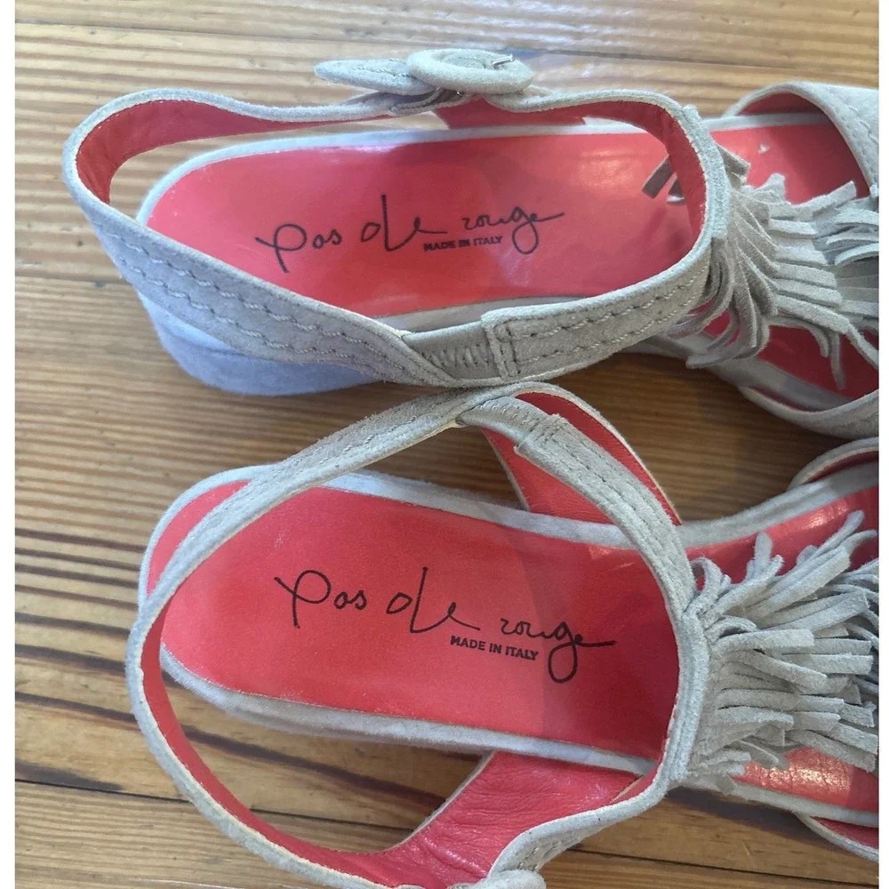 Pas de Rouge Wedge Sandals Women Gray Fringe Suede‎ Slingback Boho SIZE 38.5